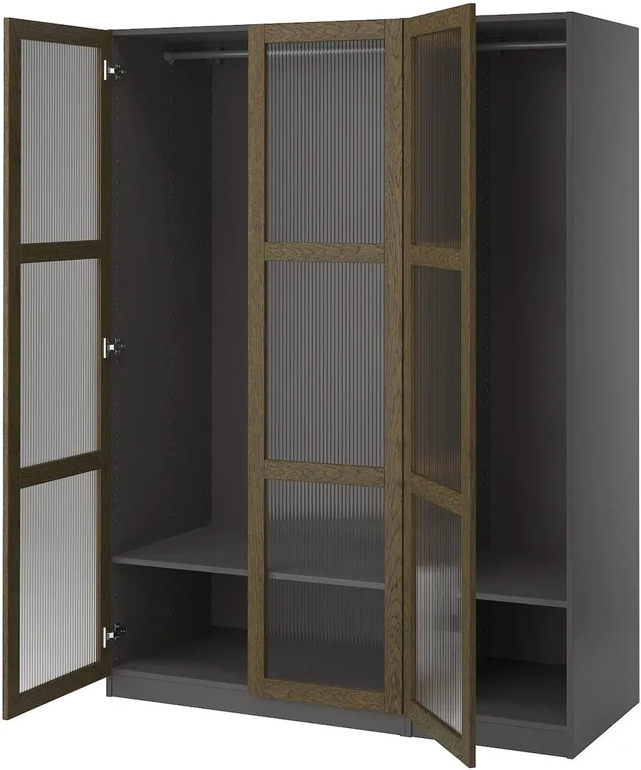 Dulap Ikea Pax/Tonstad rafturi/bare/sticla 150x60x201 (Gri inchis maro/Furnir Stejar Vopsit)