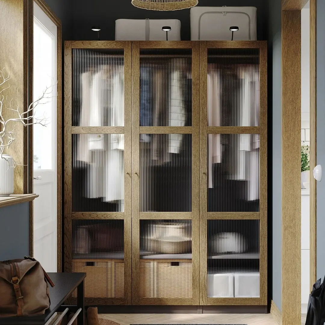 Dulap Ikea Pax/Tonstad rafturi/bare/sticla 150x60x201 (Gri inchis maro/Furnir Stejar Vopsit)