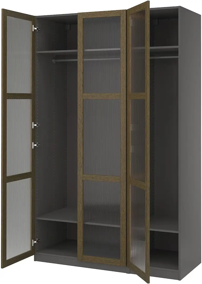 Dulap Ikea Pax/Tonstad rafturi/bare/sticla 150x60x236 (Gri inchis maro/Furnir Stejar Vopsit)