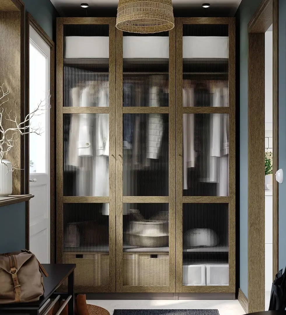 Dulap Ikea Pax/Tonstad rafturi/bare/sticla 150x60x236 (Gri inchis maro/Furnir Stejar Vopsit)