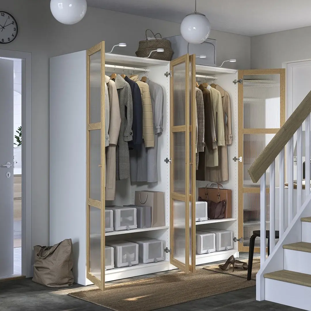 Dulap Ikea Pax/Tonstad rafturi/bare/sticla 200x60x201 (Alb/Furnir Stejar)