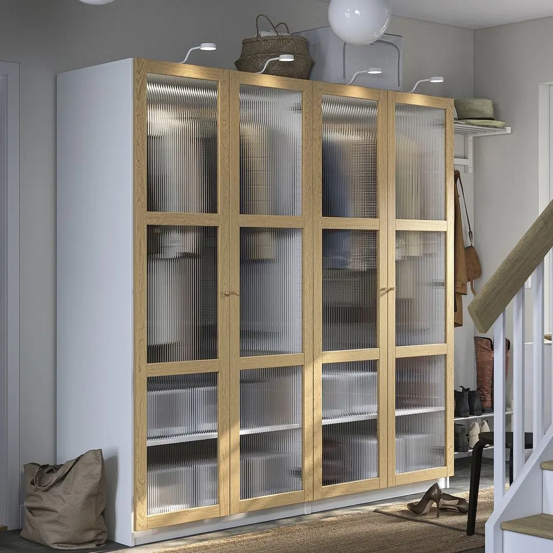 Dulap Ikea Pax/Tonstad rafturi/bare/sticla 200x60x201 (Alb/Furnir Stejar)