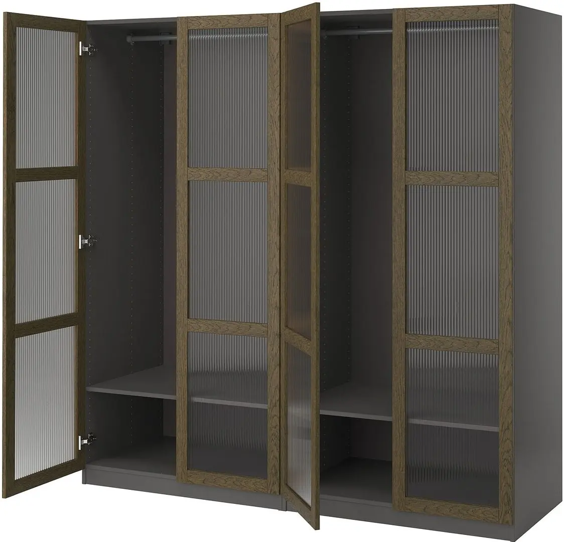 Dulap Ikea Pax/Tonstad rafturi/bare/sticla 200x60x201 (Gri inchis maro/Furnir Stejar Vopsit)