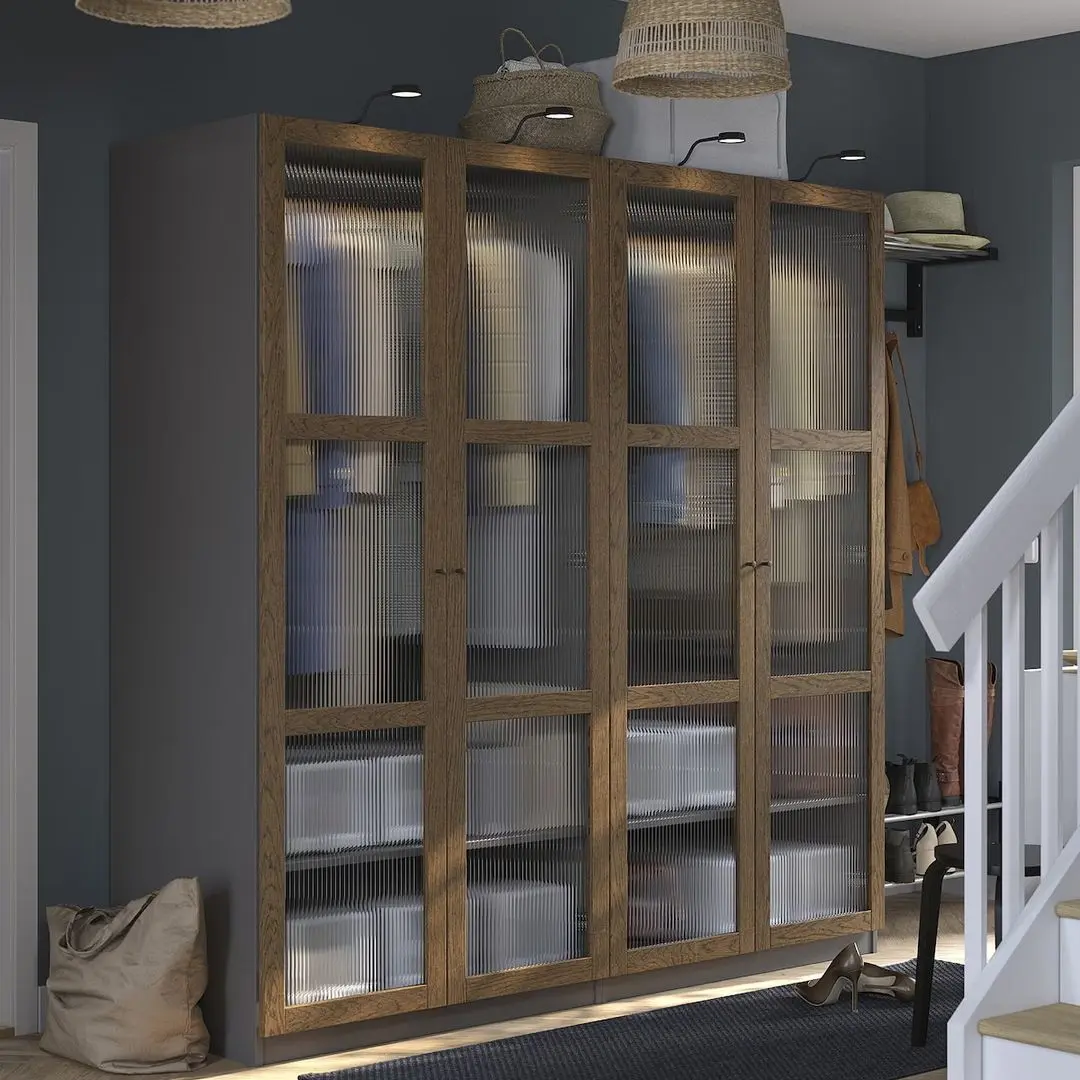 Dulap Ikea Pax/Tonstad rafturi/bare/sticla 200x60x201 (Gri inchis maro/Furnir Stejar Vopsit)