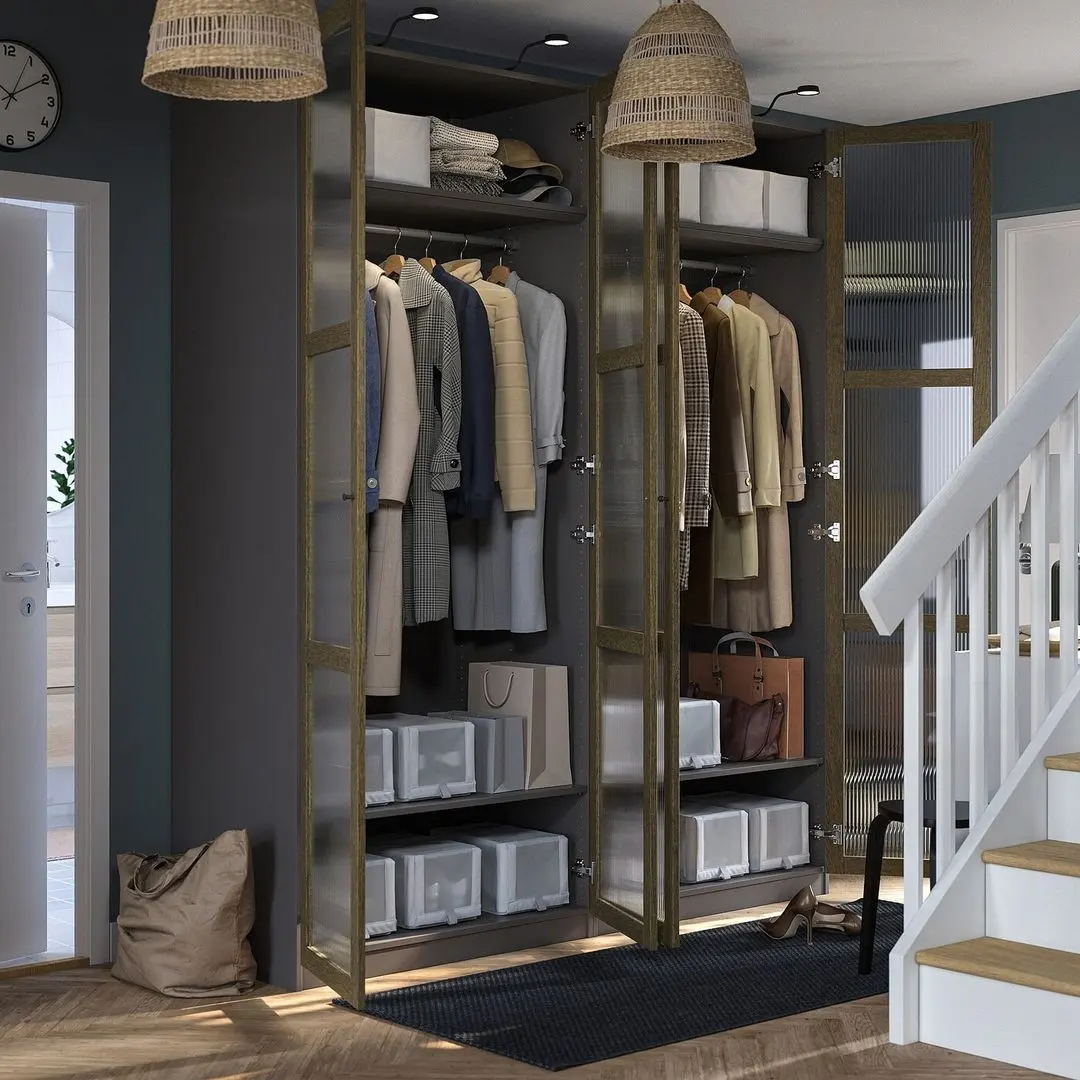 Dulap Ikea Pax/Tonstad rafturi/bare/sticla 200x60x236 (Gri inchis maro/Furnir Stejar Vopsit)