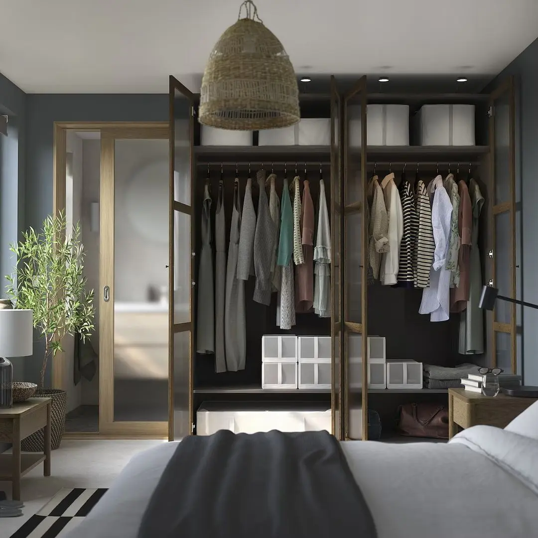 Dulap Ikea Pax/Tonstad rafturi/bare/sticla 200x60x236 (Gri inchis maro/Furnir Stejar Vopsit)