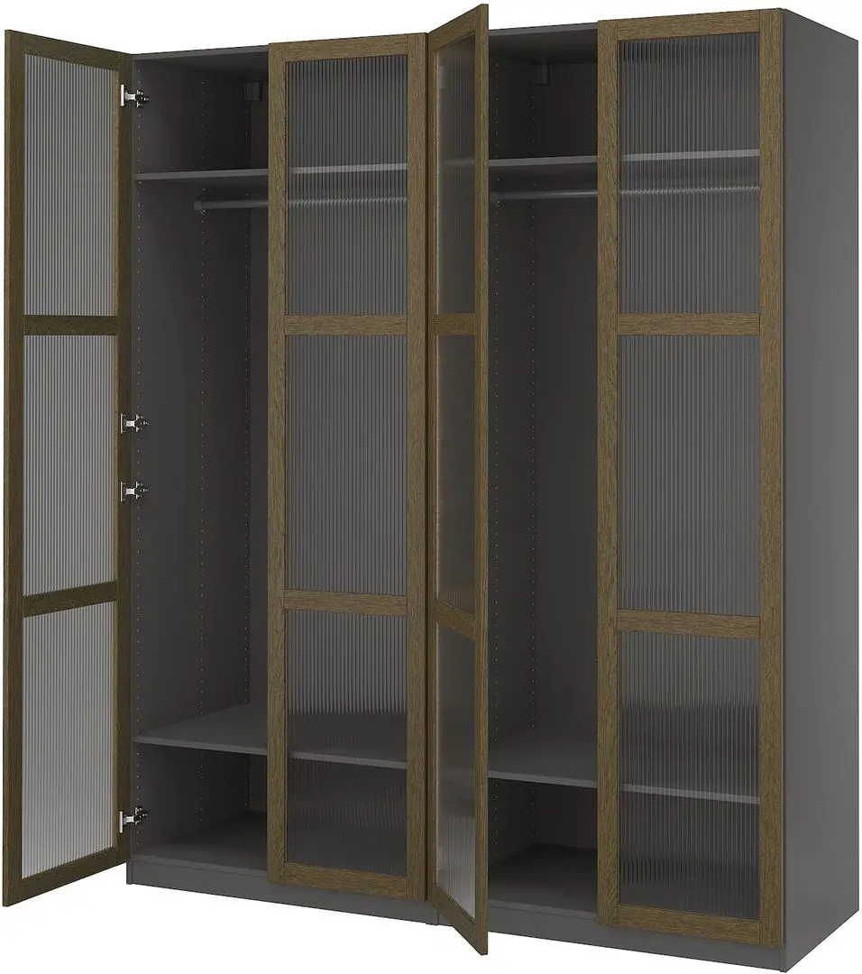 Dulap Ikea Pax/Tonstad rafturi/bare/sticla 200x60x236 (Gri inchis maro/Furnir Stejar Vopsit)