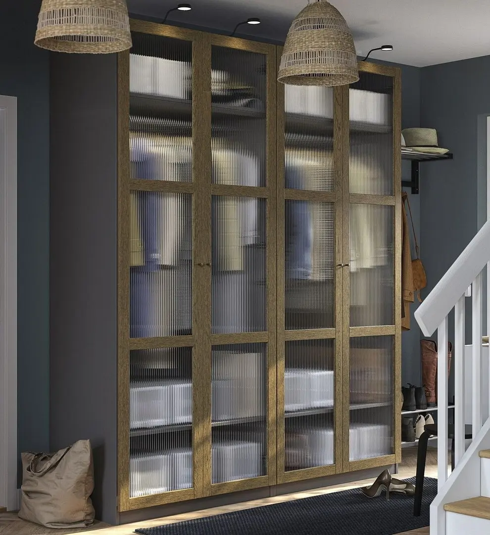 Dulap Ikea Pax/Tonstad rafturi/bare/sticla 200x60x236 (Gri inchis maro/Furnir Stejar Vopsit)