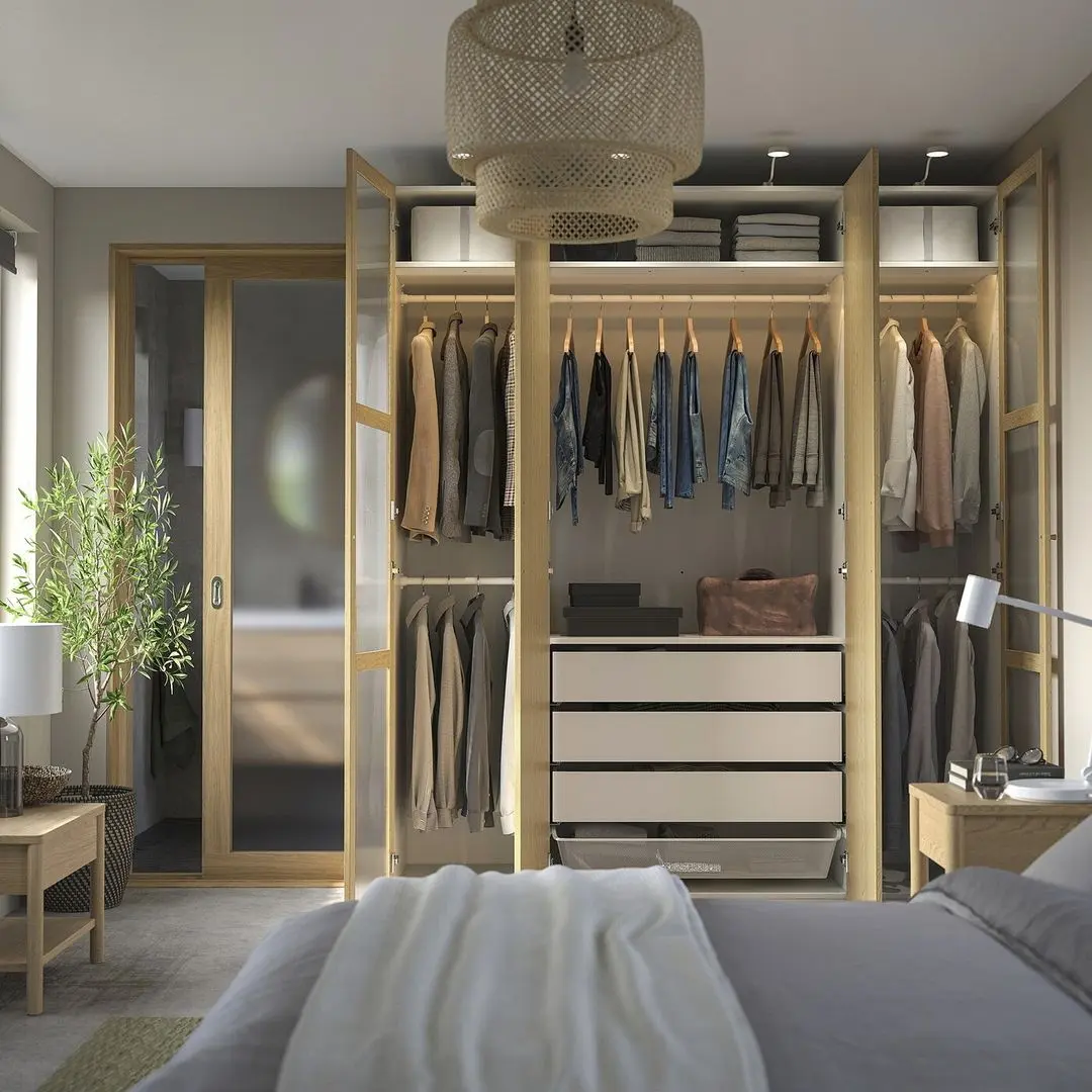 Dulap Ikea Pax/Tonstad rafturi/bare/sertare/cos/sticla 200x60x236 (Alb/Furnir Stejar)