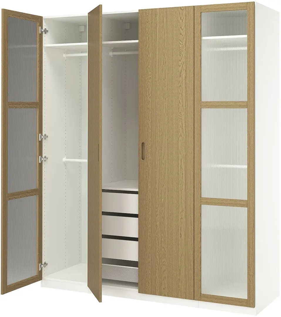 Dulap Ikea Pax/Tonstad rafturi/bare/sertare/cos/sticla 200x60x236 (Alb/Furnir Stejar)