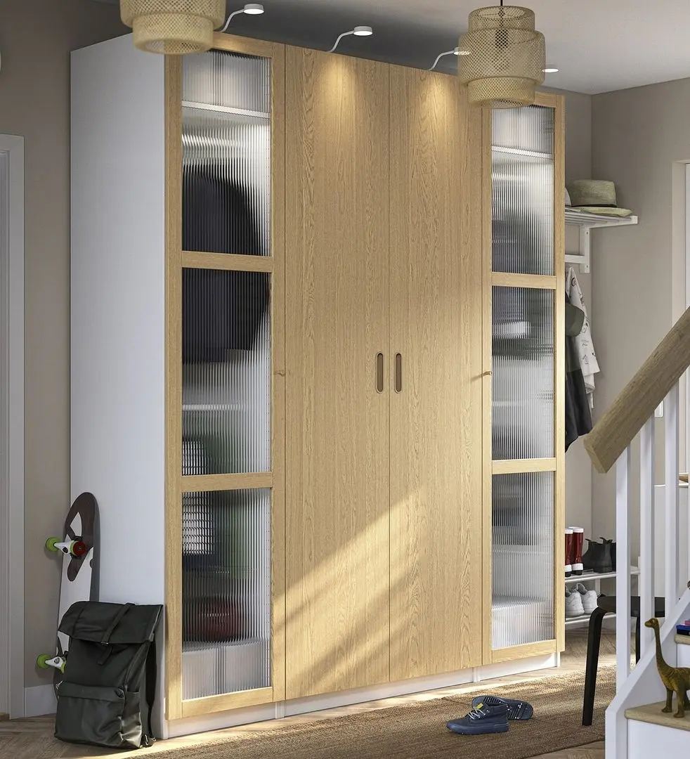 Dulap Ikea Pax/Tonstad rafturi/bare/sertare/cos/sticla 200x60x236 (Alb/Furnir Stejar)