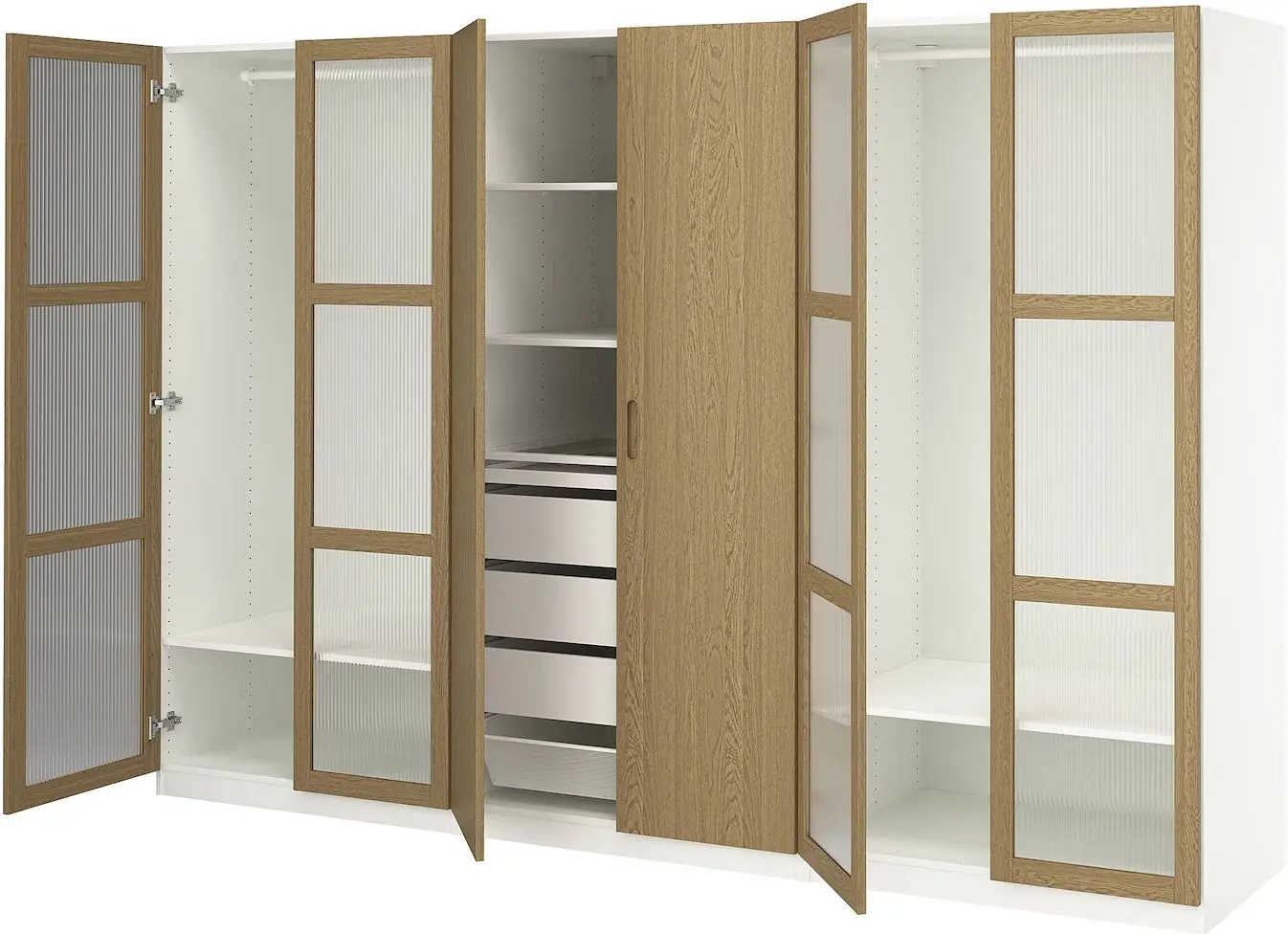 Dulap Ikea Pax/Tonstad rafturi/bare/sertare/cos/sticla 300x60x201 (Alb/Furnir Stejar)