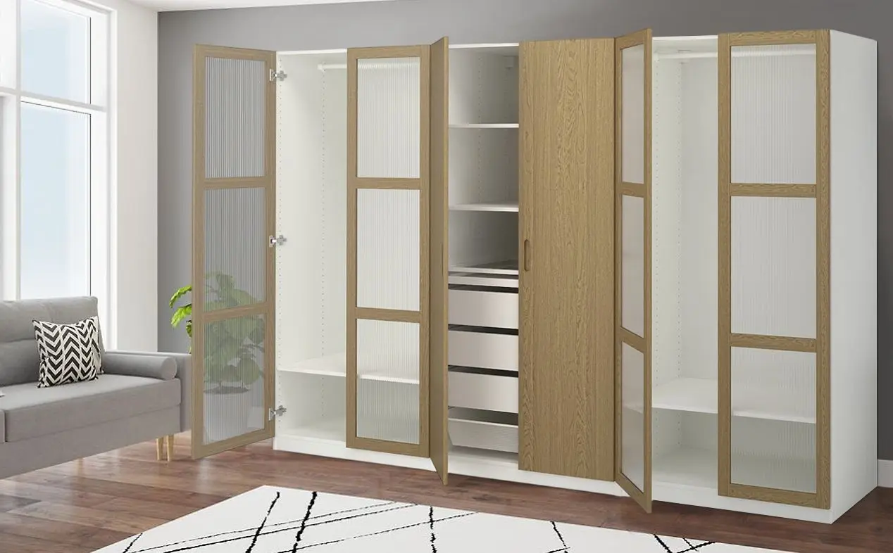 Dulap Ikea Pax/Tonstad rafturi/bare/sertare/cos/sticla 300x60x201 (Alb/Furnir Stejar)