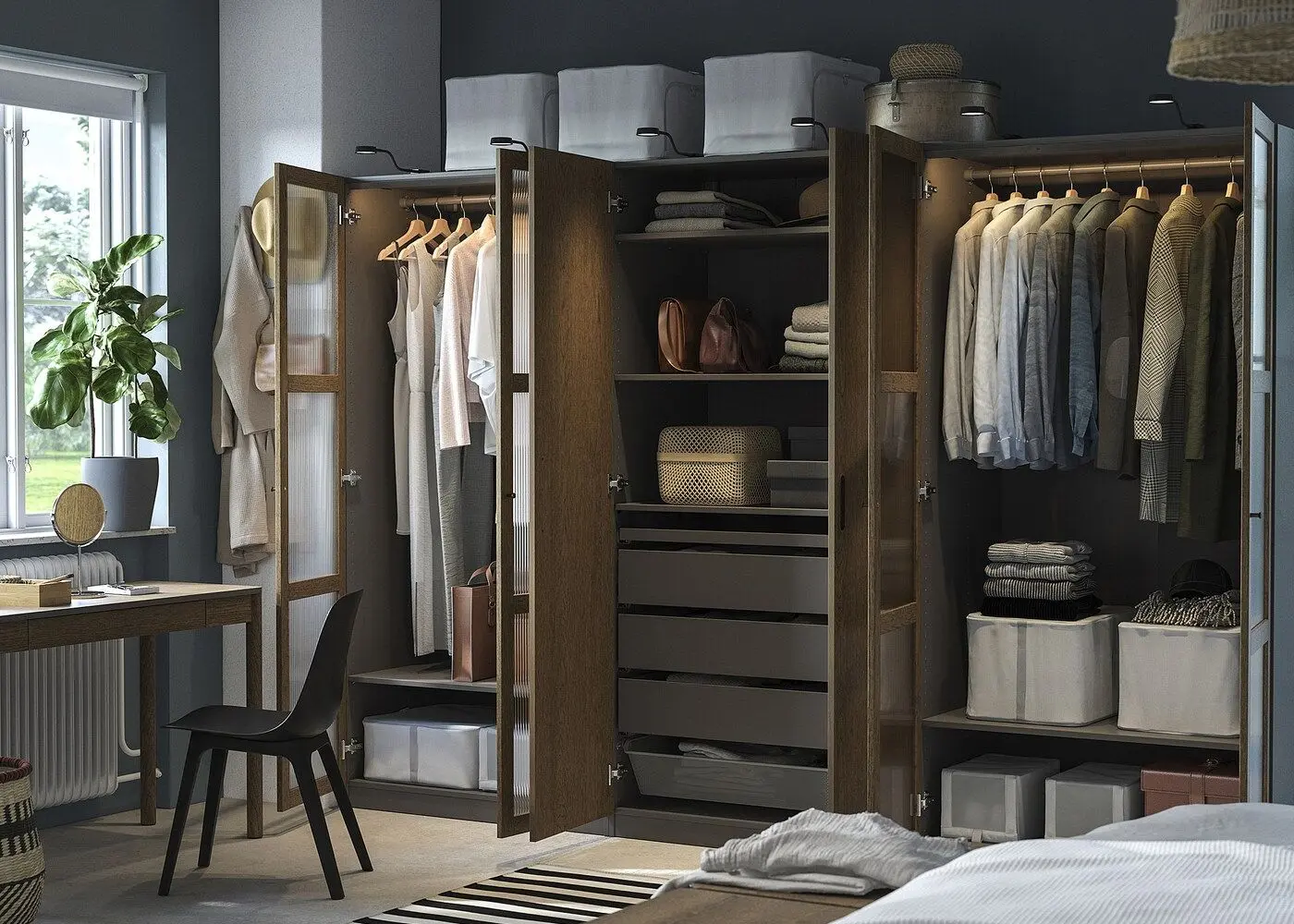 Шкаф Ikea Pax/Tonstad полки/штанги/ящики/корзина/стекло 300x60x201 (Тёмно-серо-коричневый/Дубовый Шпон Морённый) - 2