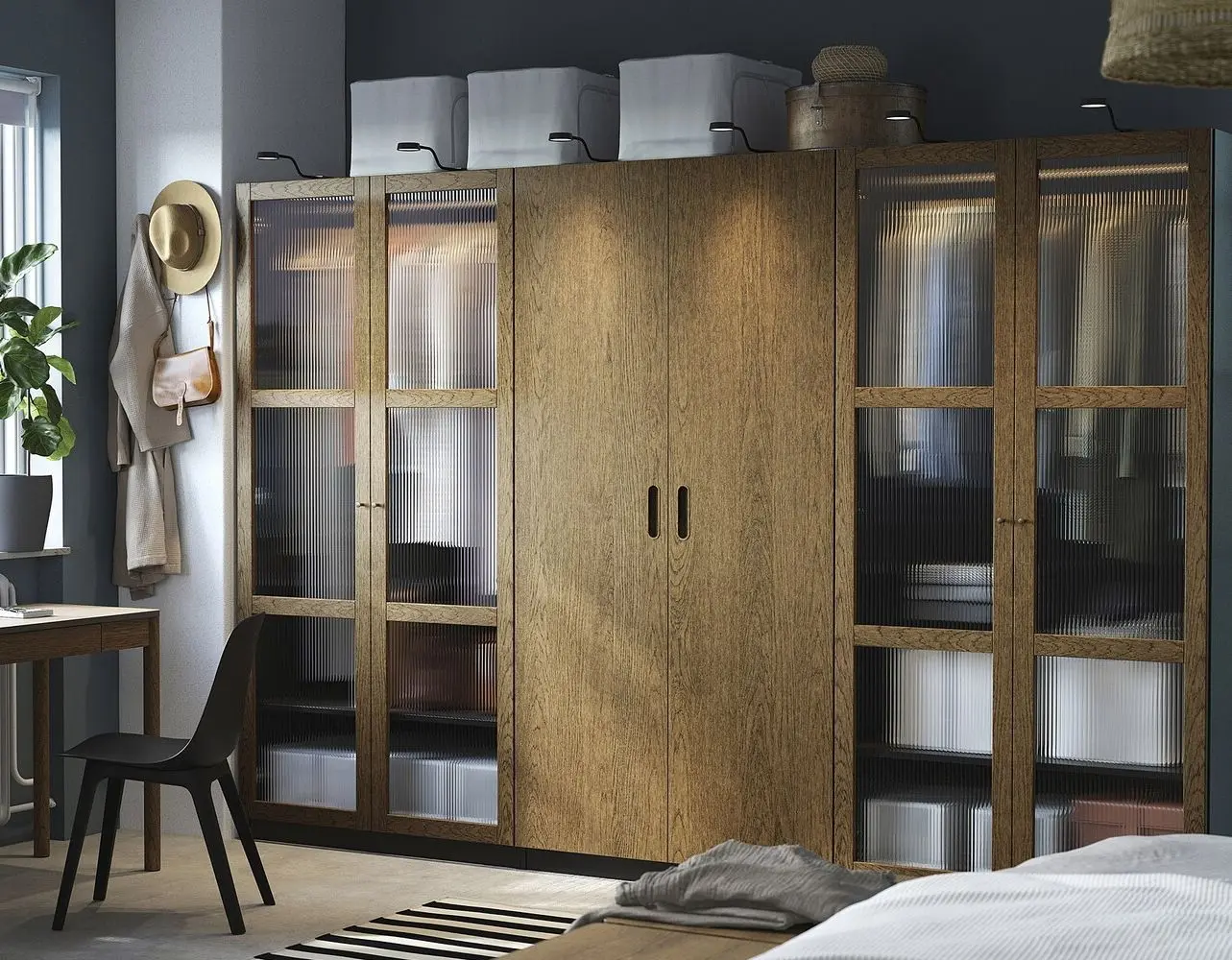 Шкаф Ikea Pax/Tonstad полки/штанги/ящики/корзина/стекло 300x60x201 (Тёмно-серо-коричневый/Дубовый Шпон Морённый)