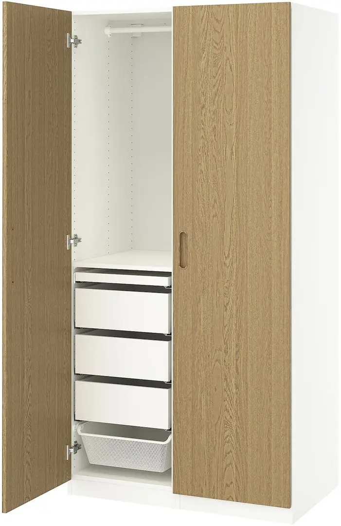 Dulap Ikea Pax/Tonstad rafturi/bare/sertare/cosuri 100x60x201 (Alb/Furnir Stejar)