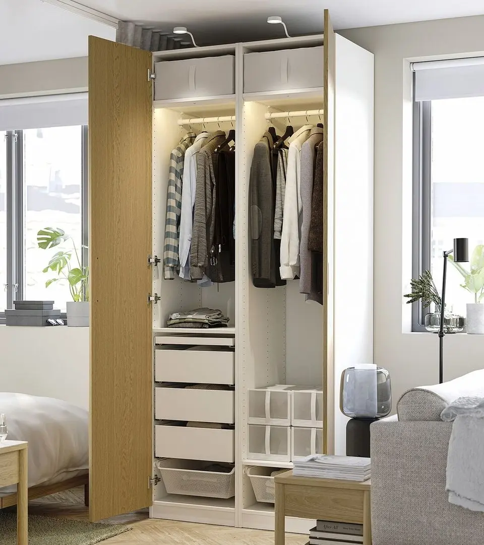 Dulap Ikea Pax/Tonstad rafturi/bare/sertare/cosuri 100x60x236 (Alb/Furnir Stejar)