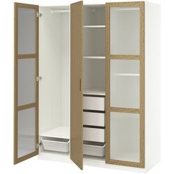 Dulap Ikea Pax/Tonstad rafturi/bare/sertare/cosuri/sticla 150x60x201 (Alb/Furnir Stejar) Thumb