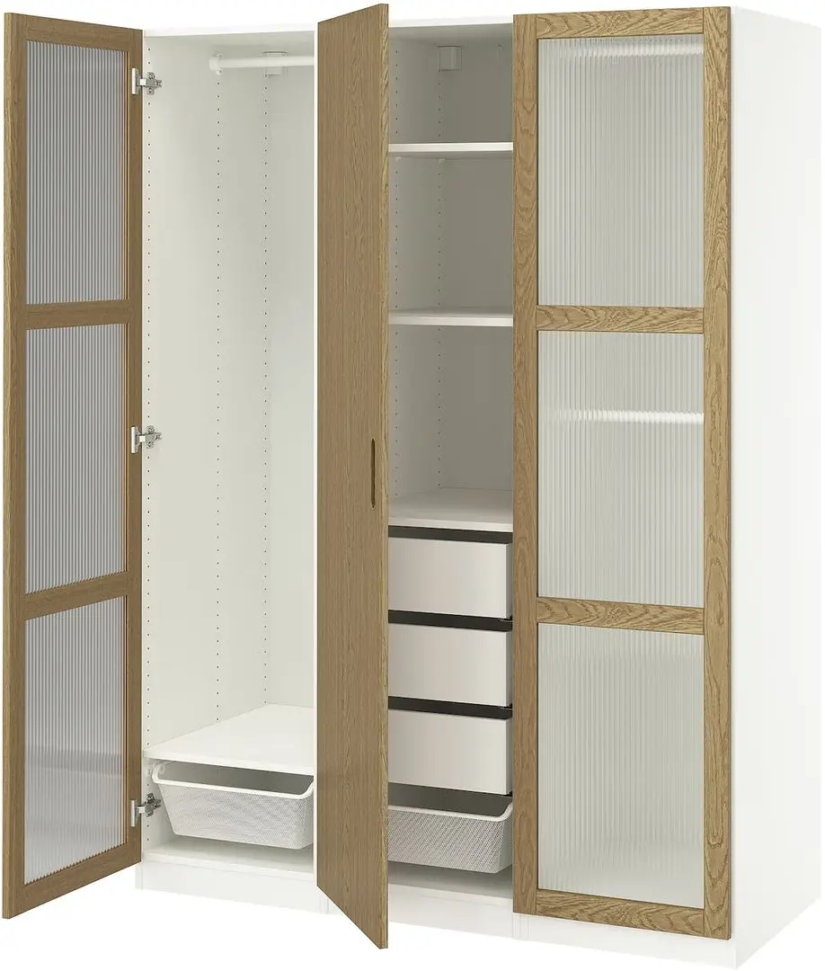 Dulap Ikea Pax/Tonstad rafturi/bare/sertare/cosuri/sticla 150x60x201 (Alb/Furnir Stejar)