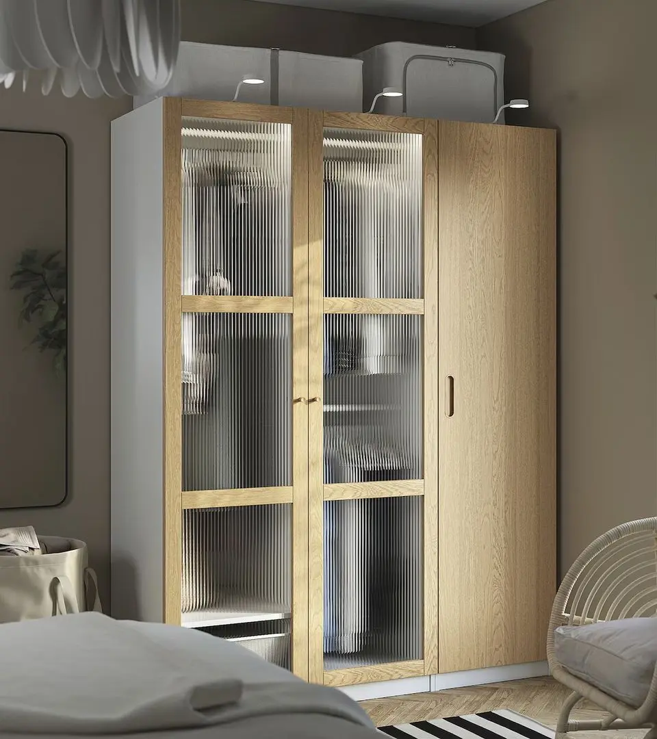 Dulap Ikea Pax/Tonstad rafturi/bare/sertare/cosuri/sticla 150x60x201 (Alb/Furnir Stejar)