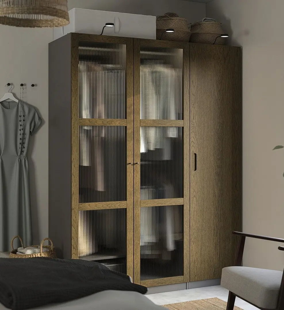 Dulap Ikea Pax/Tonstad rafturi/bare/sertare/cosuri/sticla 150x60x201 (Gri inchis maro/Furnir Stejar Vopsit)