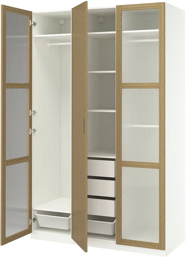 Шкаф Ikea Pax/Tonstad полки/штанги/ящики/корзины/стекло 150x60x236 (Белый/Дубовый Шпон)