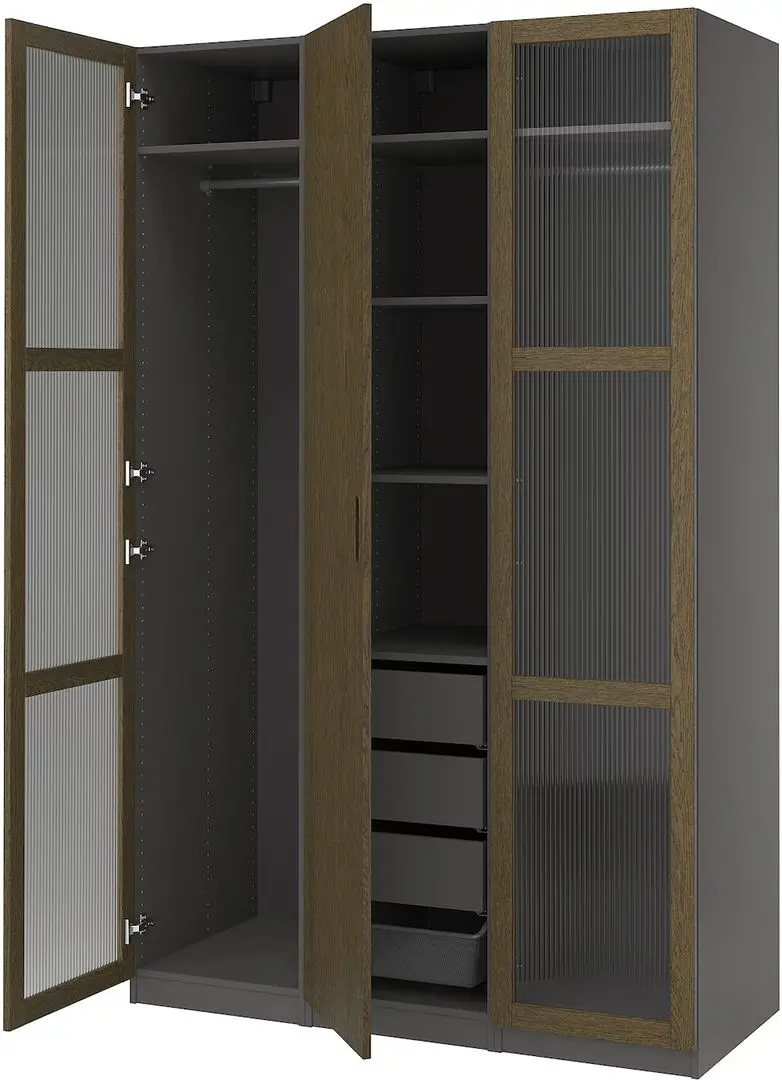 Шкаф Ikea Pax/Tonstad полки/штанги/ящики/корзины/стекло 150x60x236 (Тёмно-серо-коричневый/Дубовый Шпон Морённый) - 3