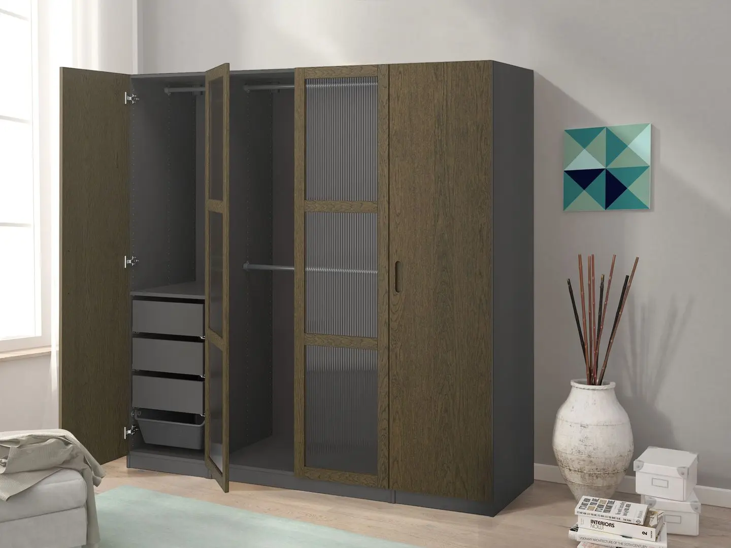 Dulap Ikea Pax/Tonstad rafturi/bare/sertare/cosuri/sticla 200x60x201 (Gri inchis maro/Furnir Stejar Vopsit)