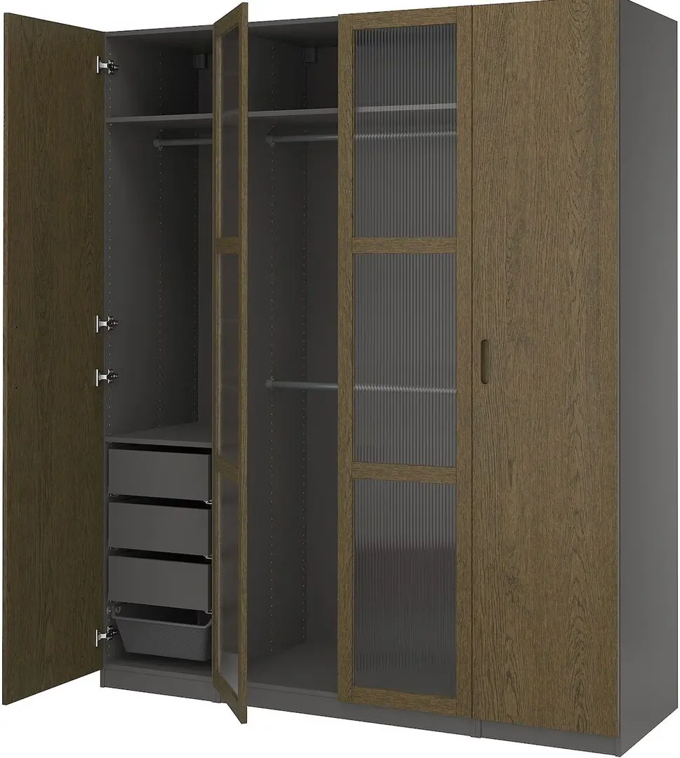 Шкаф Ikea Pax/Tonstad полки/штанги/ящики/корзины/стекло 200x60x236 (Тёмно-серо-коричневый/Дубовый Шпон Морённый) - 3