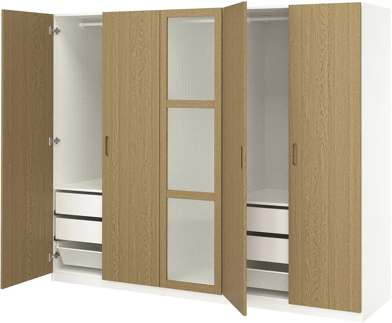 Dulap Ikea Pax/Tonstad rafturi/bare/sertare/cosuri/sticla 250x60x201 (Alb/Furnir Stejar)