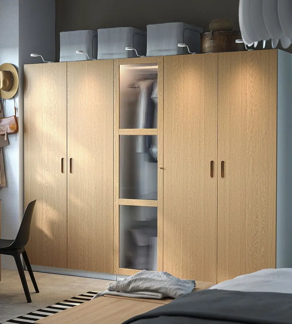 Dulap Ikea Pax/Tonstad rafturi/bare/sertare/cosuri/sticla 250x60x201 (Alb/Furnir Stejar)