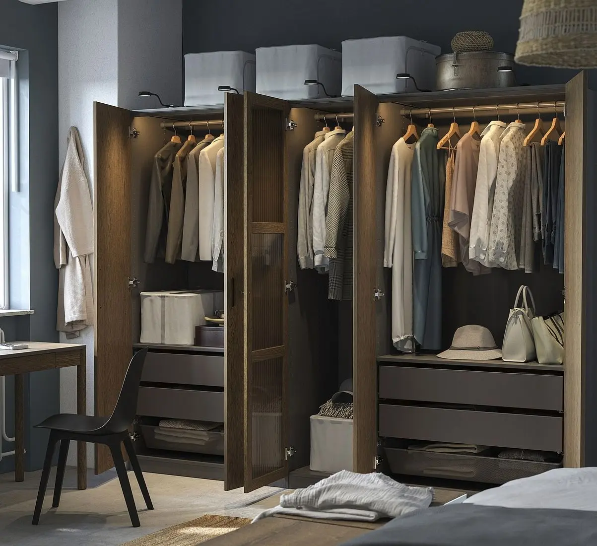 Dulap Ikea Pax/Tonstad rafturi/bare/sertare/cosuri/sticla 250x60x201 (Gri inchis maro/Furnir Stejar Vopsit) - 2