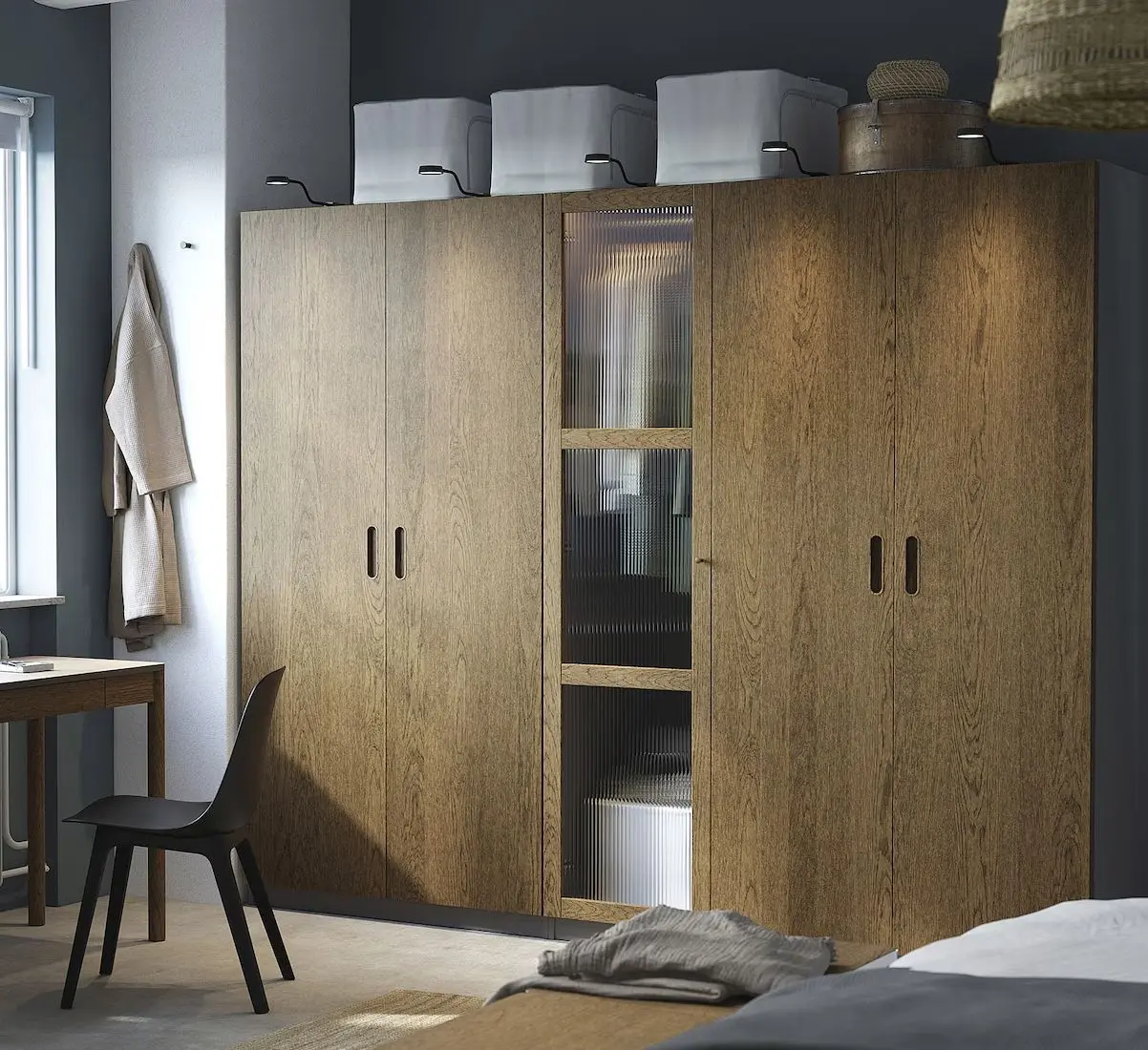 Dulap Ikea Pax/Tonstad rafturi/bare/sertare/cosuri/sticla 250x60x201 (Gri inchis maro/Furnir Stejar Vopsit)