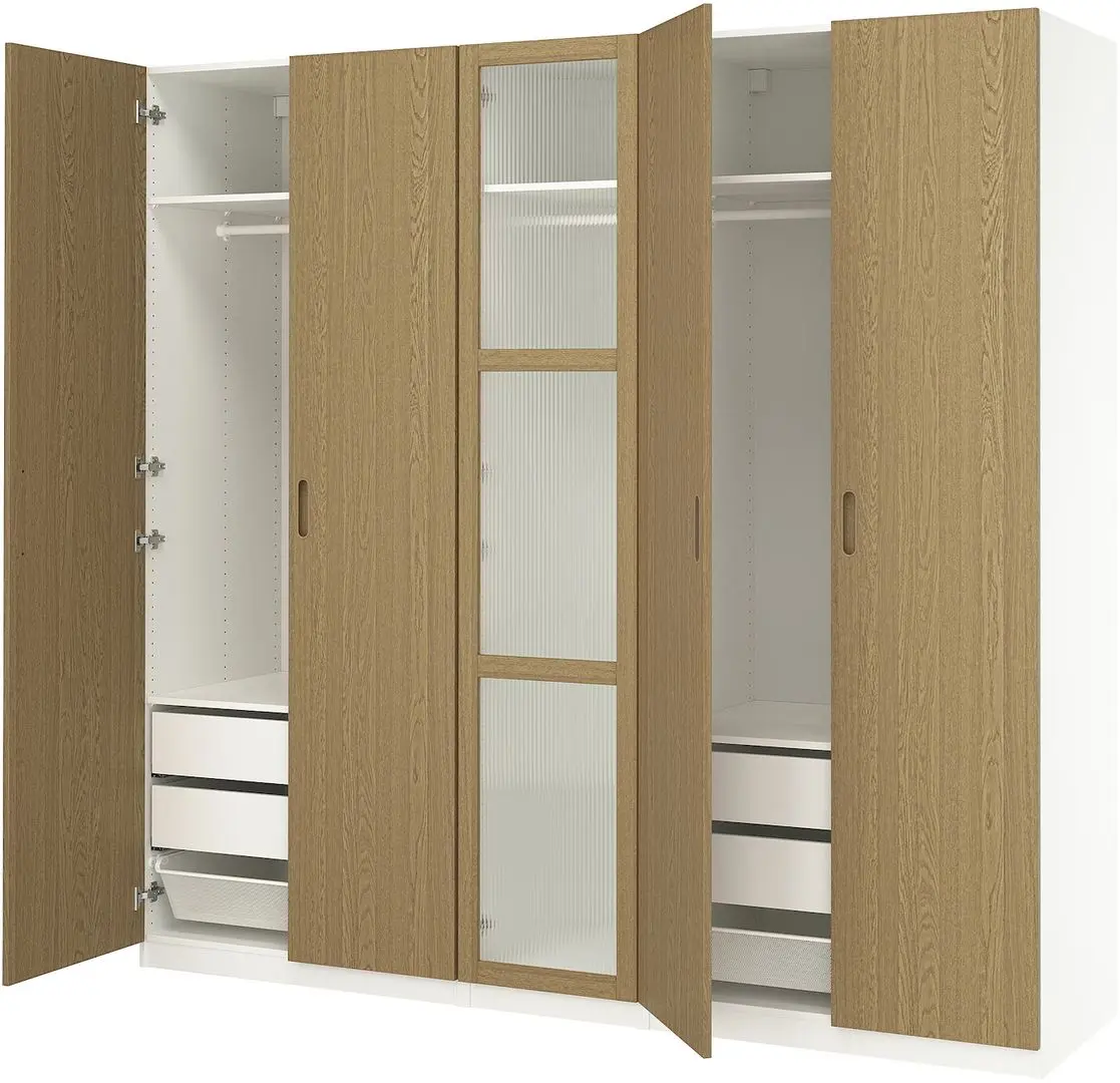 Dulap Ikea Pax/Tonstad rafturi/bare/sertare/cosuri/sticla 250x60x236 (Alb/Furnir Stejar)