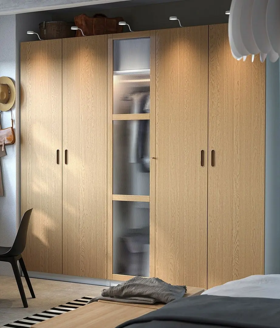 Dulap Ikea Pax/Tonstad rafturi/bare/sertare/cosuri/sticla 250x60x236 (Alb/Furnir Stejar)