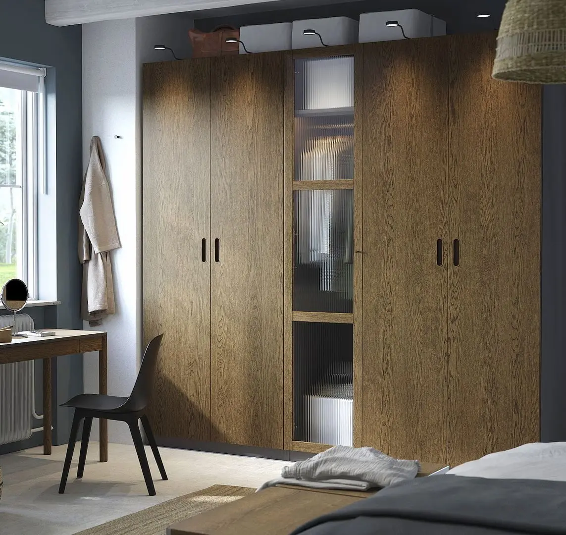 Dulap Ikea Pax/Tonstad rafturi/bare/sertare/cosuri/sticla 250x60x236 (Gri inchis maro/Furnir Stejar Vopsit)