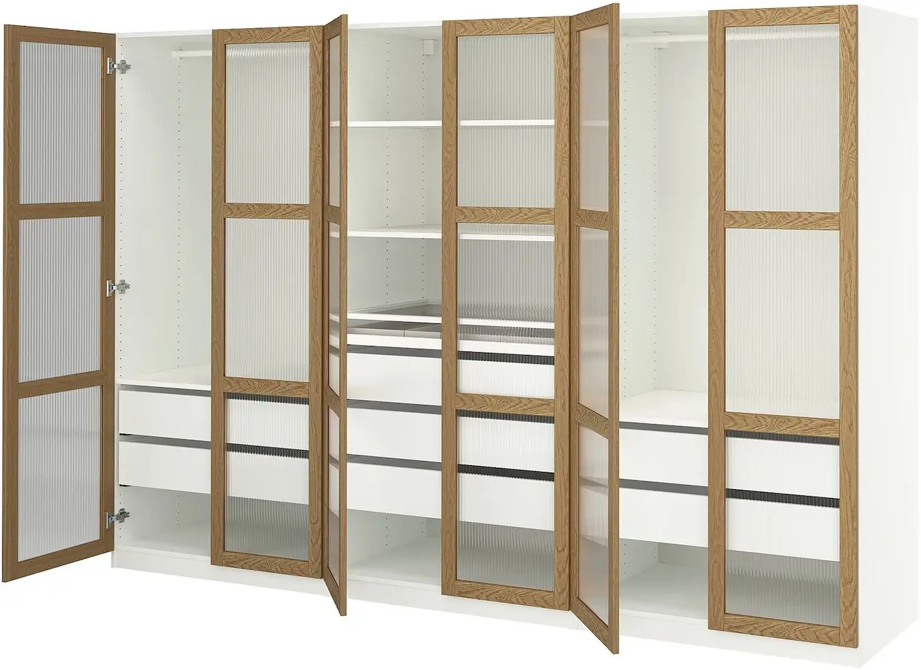 Dulap Ikea Pax/Tonstad rafturi/bare/sertare/sticla 300x60x201 (Alb/Furnir Stejar)