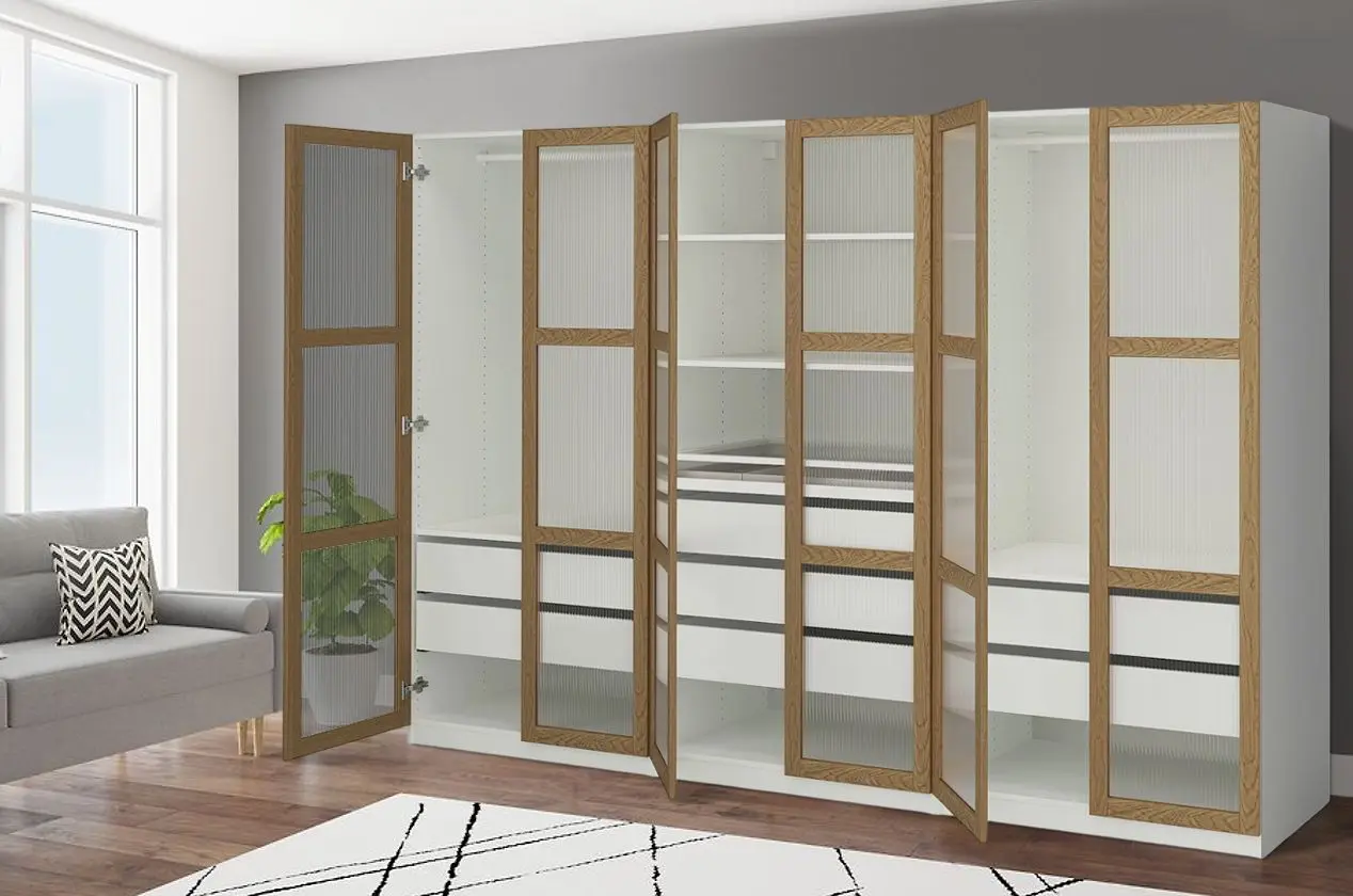 Dulap Ikea Pax/Tonstad rafturi/bare/sertare/sticla 300x60x201 (Alb/Furnir Stejar)