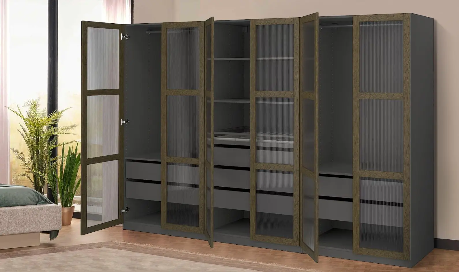 Dulap Ikea Pax/Tonstad rafturi/bare/sertare/sticla 300x60x201 (Gri inchis maro/Furnir Stejar Vopsit)