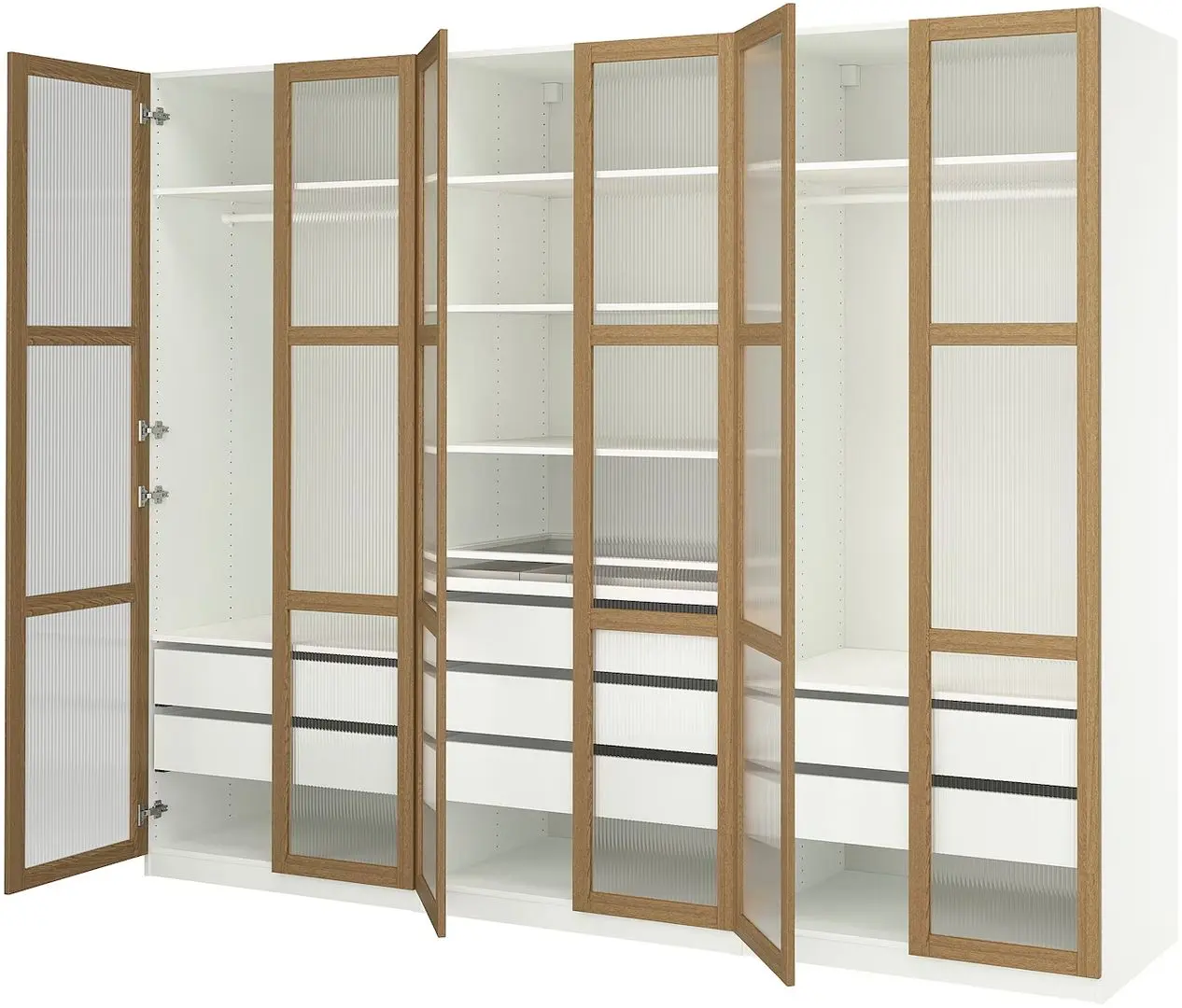 Dulap Ikea Pax/Tonstad rafturi/bare/sertare/sticla 300x60x236 (Alb/Furnir Stejar)