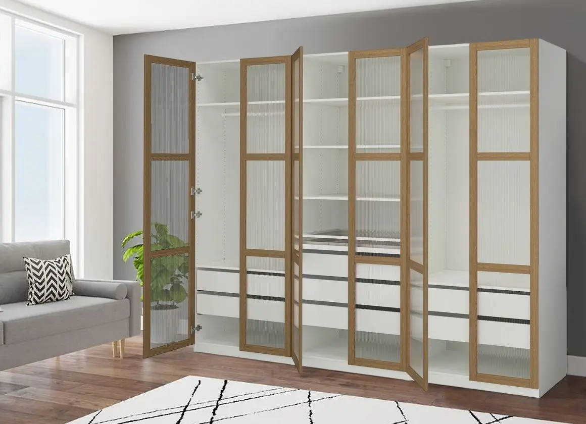 Dulap Ikea Pax/Tonstad rafturi/bare/sertare/sticla 300x60x236 (Alb/Furnir Stejar)