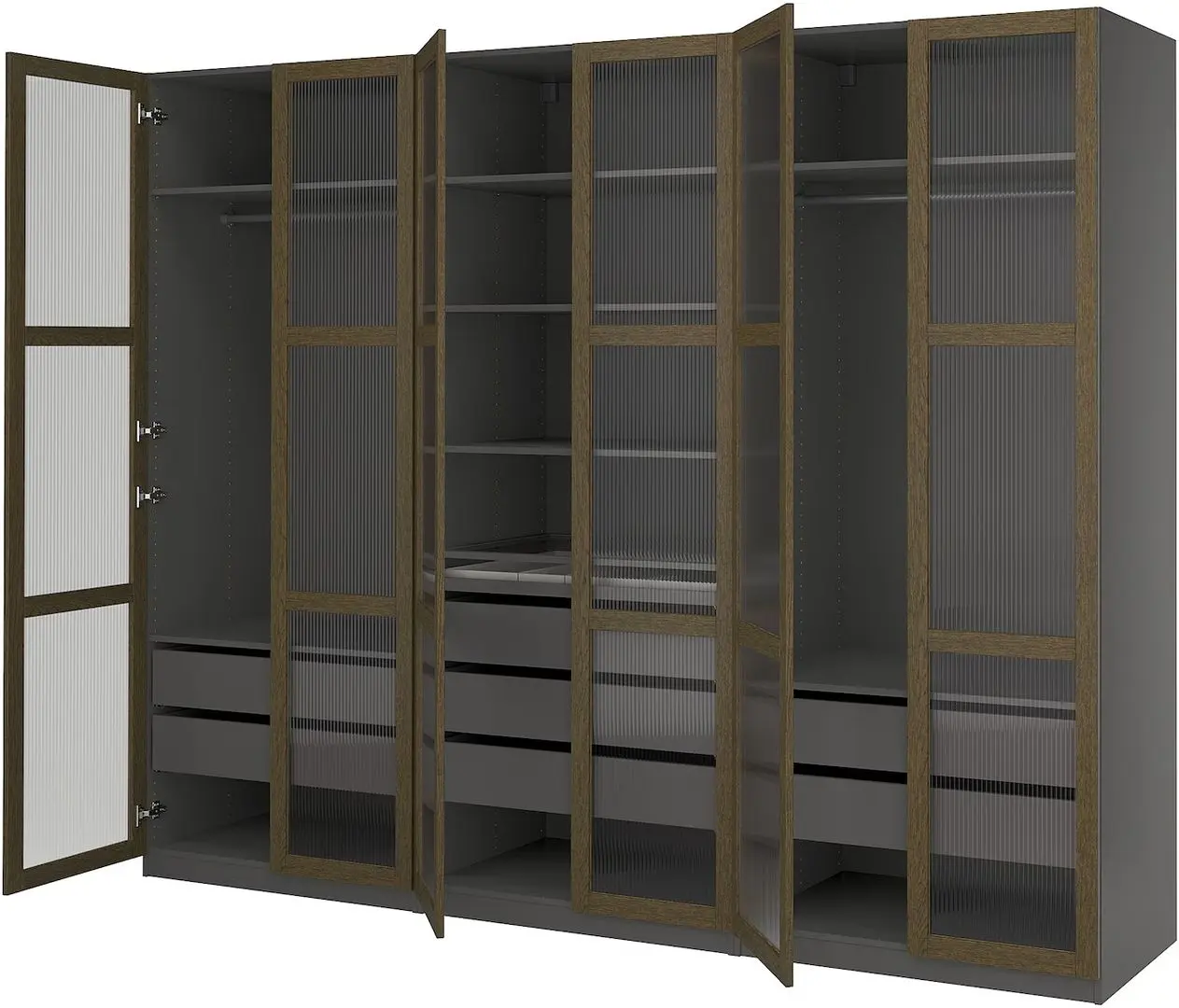 Dulap Ikea Pax/Tonstad rafturi/bare/sertare/sticla 300x60x236 (Gri inchis maro/Furnir Stejar Vopsit)