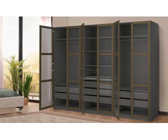 Шкаф Ikea Pax/Tonstad полки/штанги/ящики/стекло 300x60x236 (Тёмно-серо-коричневый/Дубовый Шпон Моренный)