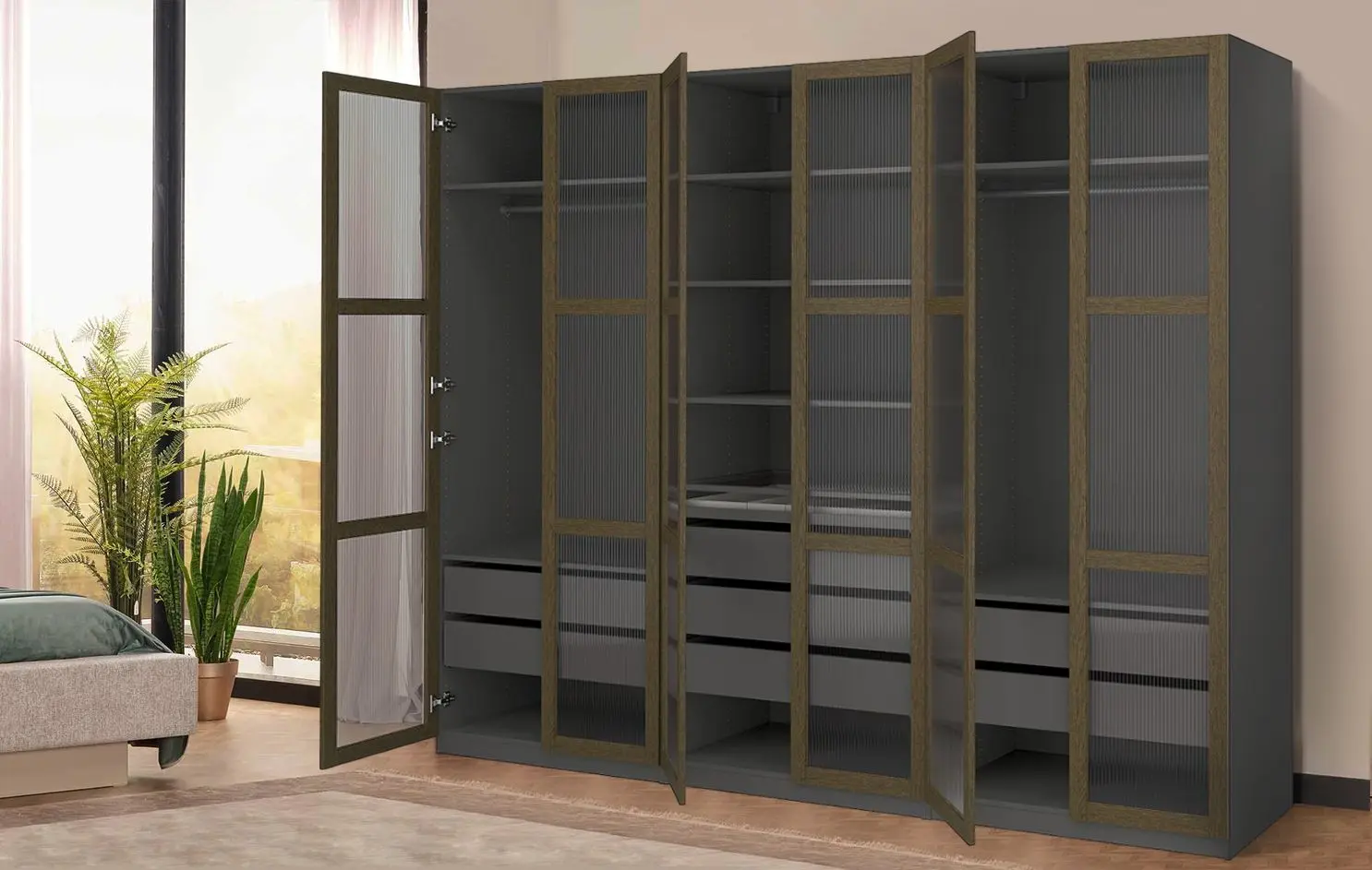 Dulap Ikea Pax/Tonstad rafturi/bare/sertare/sticla 300x60x236 (Gri inchis maro/Furnir Stejar Vopsit)