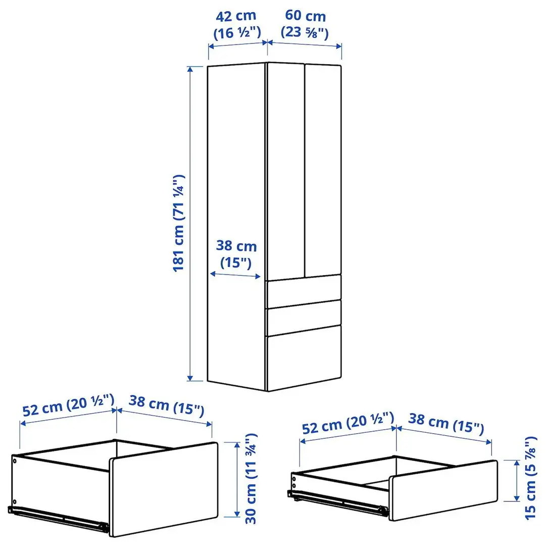 Dulap Ikea Smastad/Platsa 3 sertare 60x42x181 (Alb/Albastru)