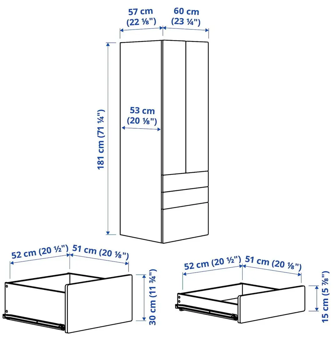 Dulap Ikea Smastad/Platsa 3 sertare 60x57x181 (Alb/Albastru)