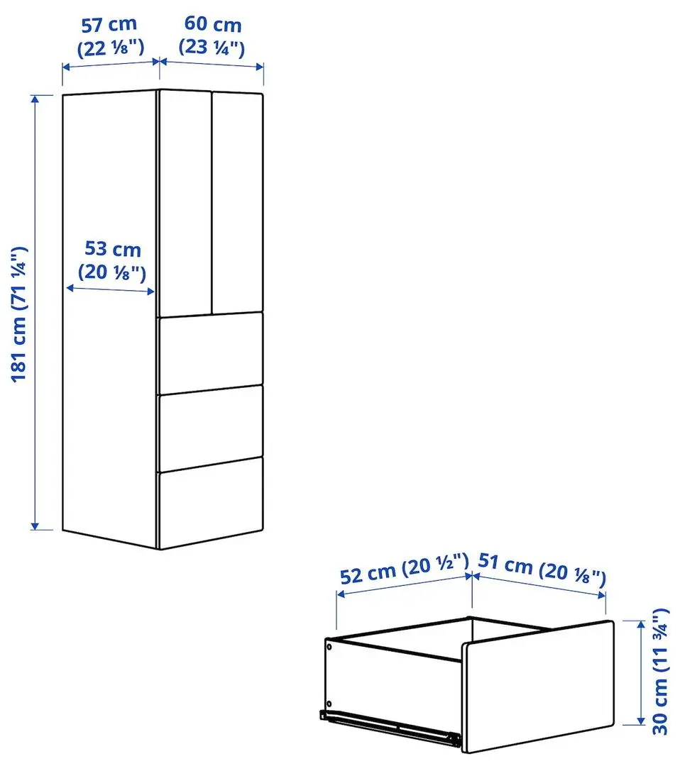 Dulap Ikea Smastad/Platsa 3 sertare 60x57x181 (Alb/Lila Deschis/Dunga)