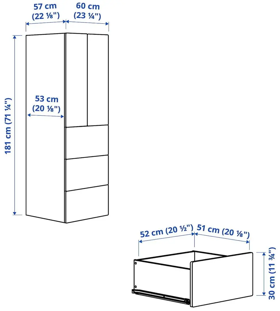 Dulap Ikea Smastad/Platsa 3 sertare 60x57x181 (Dunga/Negru/Alb)