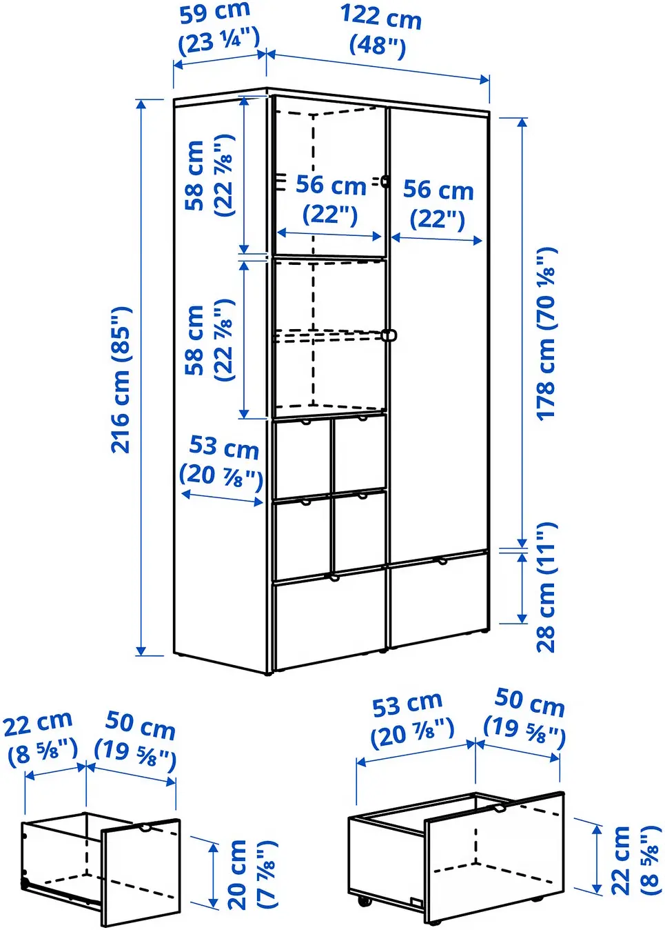 Шкаф Ikea Visthus полки/штанга/ящики 122x59x216 (Серый/Белый) - 5