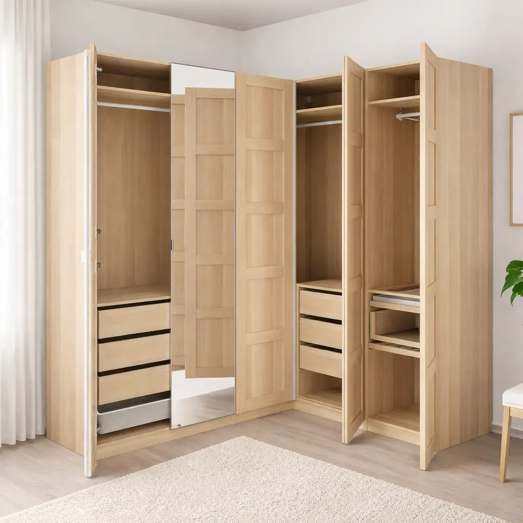 Dulap de colt Ikea Pax/Bergsbo/Aheim rafturi/bare/sertare/cos/oglinzi 211/161x236 (Aspect Stejar Antichizat/Furnir Stejar)